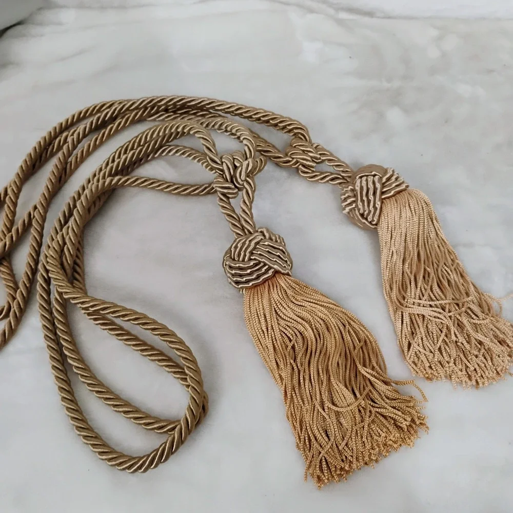 Gold Brown Rope Tassel Twisted Cord Knot Fringe Tie Curtain Tie Back Set of 2